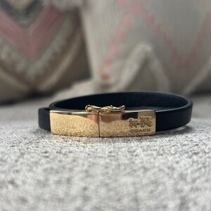 Coach Black Leather Bracelet with Gold Horse-and-Carriage Clasp